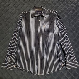 American Eagle Outfitters Navy and White Striped Mens Button Up Shirt Med